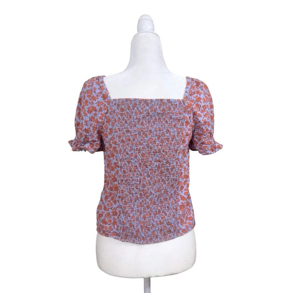 Madewell Floral Puff Sleeve Smocked Back Top Blue Red Size 0